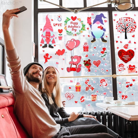 KatchOn Valentines Day Window Clings - 141 Pieces, 12x8 Inch | Vinyl Window Stickers for Glass & Smooth Surfaces | Valentines Day Decorations