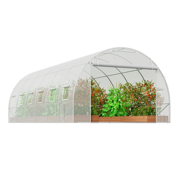 KFFKFF Walk-in Tunnel Greenhouse, 19.4x9.7x6.5 ft Hoop House with Galvanized Steel Frame, White PE Cover, Roll-up Zipper Door, and 12 Ventilation Windows for Outdoor Gardening