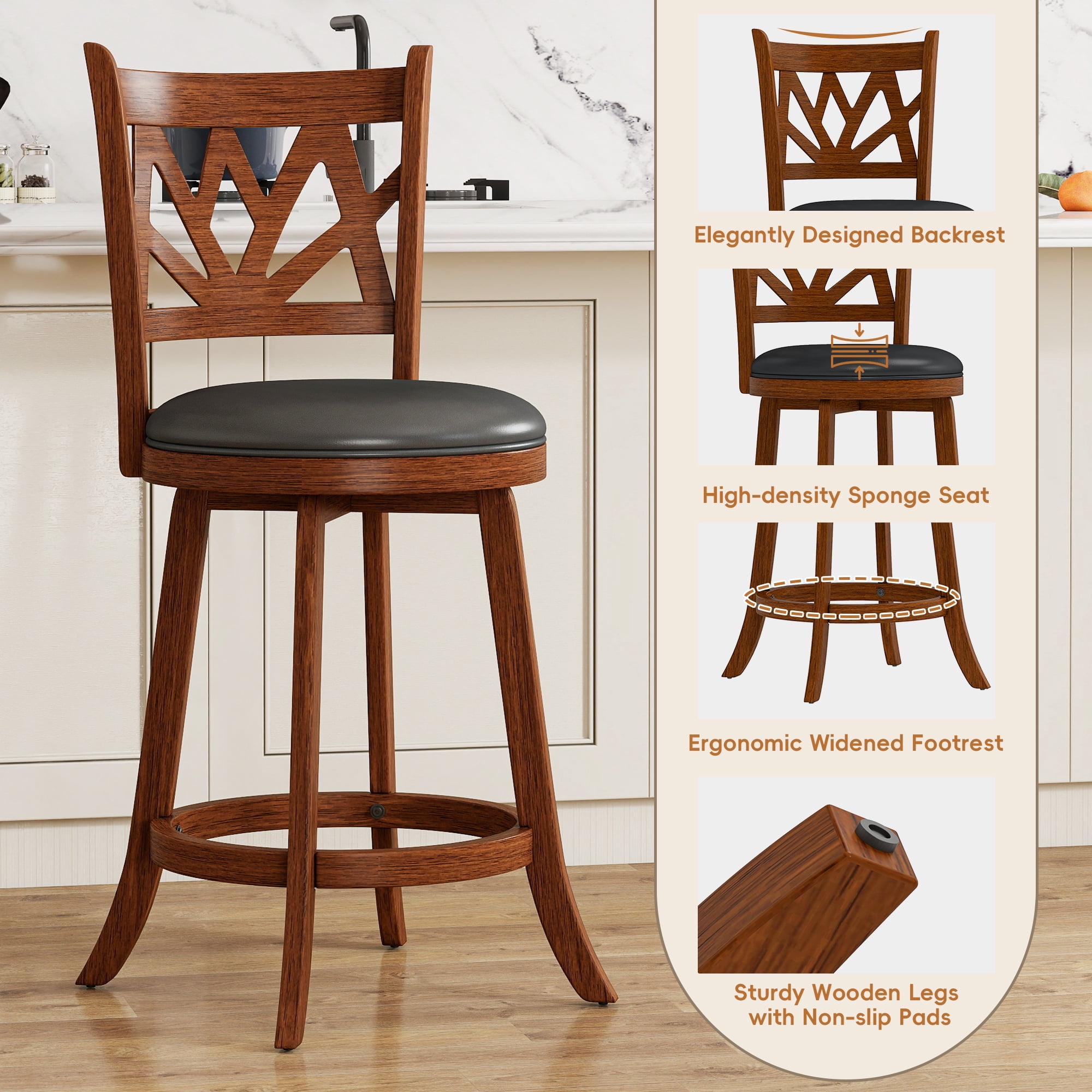 Joywind Farmhouse Swivel Bar Stools Set of 2, 24" Carved Lotus Barstools, Faux Leather Upholstered Counter Chairs with Solid Footrest & Wood Legs, Rustic Brown