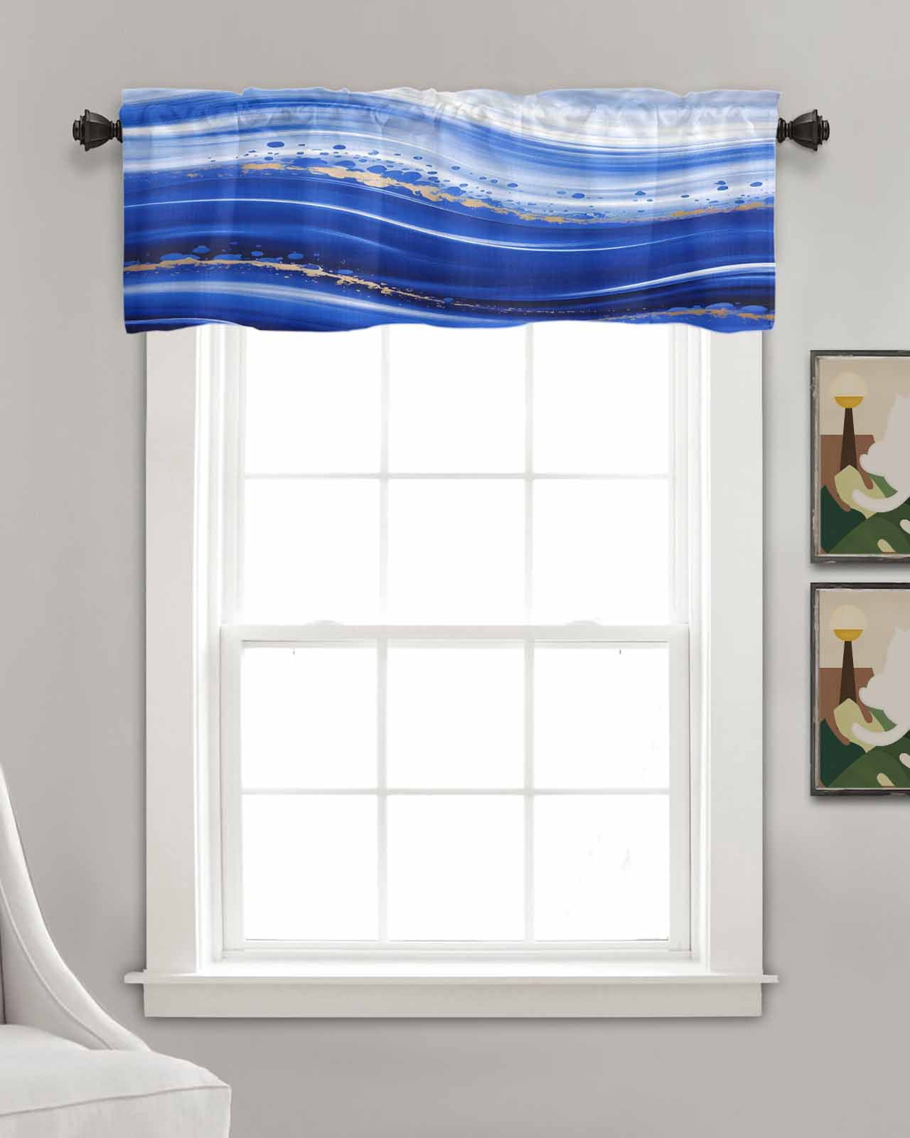 Blue Waves Abstract Kitchen Valances for Windows Farmhouse Linen Window Valance Curtain for Living Room Window Treatment Ocean Fluid Gradient Luxury Valance Rod Pocket Topper Drape, 54 x 18 Inch
