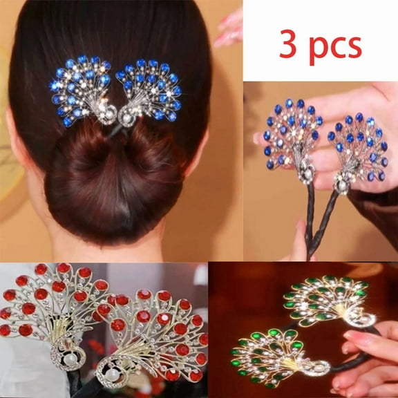 3-Pack Elegant Peacock Hair Clips Set - Vintage Crystal Rhinestone Ponytail & Bun Holders for All Hair Types, Perfect for Parties & Gift Giving (Birthday/Christmas)