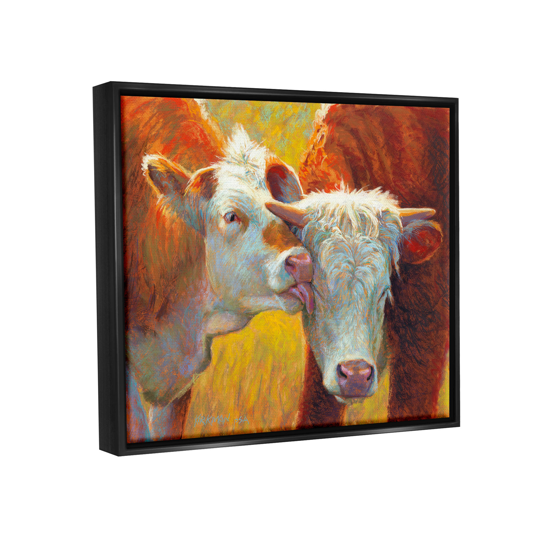 Cow Licking Farm Animals Animals & Insects Painting Jet Black Framed Art Print Wall Art