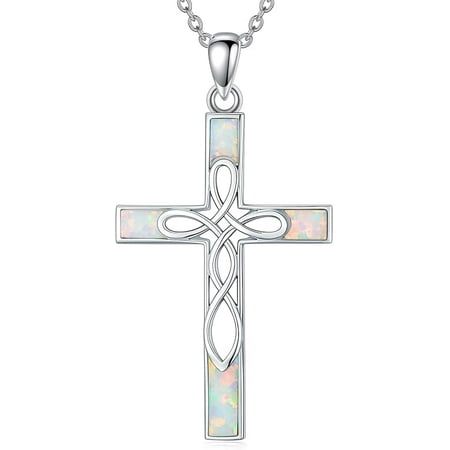 DVEATR Celtic Cross Opal Necklace 925 Sterling Silver Irish Knot Infinity Cross Pendant Christian Religious Faith Jewelry Gift for Women Her, 18" to 20" Chain
