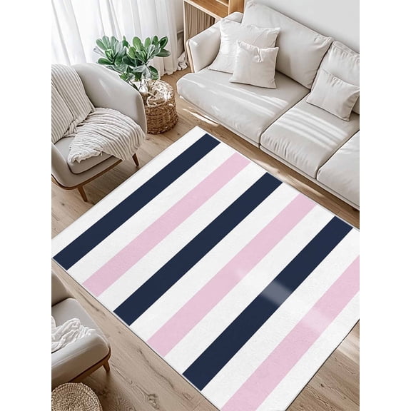 Navy Blue Pink Striped Area Rug for Bedroom 4x6 Ft Modern Abstract Super Soft fuzzy Throw Rug Non-Slip Fluffy Plush Indoor Floor Carpet for Living Room Nursery Home Decor