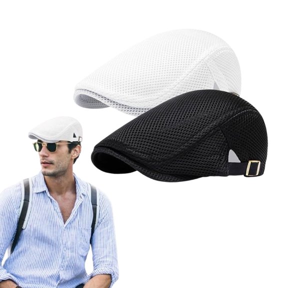 2-Pack Breathable Mesh Flat Caps for Men, Adjustable Summer Newsboy Hat with Sweatband, Lightweight Ivy Caps for Outdoor, Fishing, Golf, and Travel