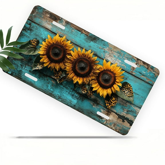 Sunflowers on Turquoise Wood Front License Plate, Metal License Plate, Funny Standard Plates Personalized Novelty Decorative For Men/Women/Boys/Girls Car 6×12 Inch
