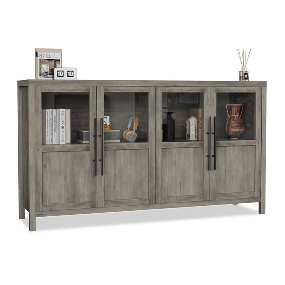 55" Modern Farmhouse Sideboard Buffet Cabinet, 4 Glass Doors, Wood Display Credenza with Storage Shelves for Kitchen, Dining Room & Living Room