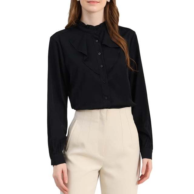 INSPIRAR CHIC Blusa de Oficina para Mujeres con Cuello Fruncido de Manga Larga y Botones, Color Negro, Talla M