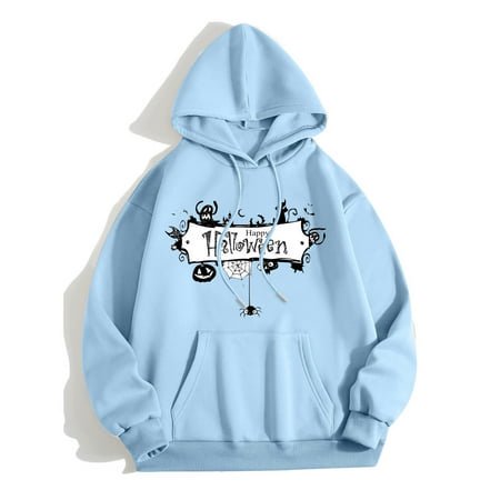 MKLEKYY Pull Bleu Clair pour Femmes Imprimé Alphabet Mode Cool Automne Hiver Manches Longues Pull à Capuche avec Cordon