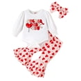 thumbnail image 2 of 2023 Newborn Baby Girls Valentines Clothes Set Long Sleeve Print Jumpsuit+ Heart Leopard Print Flare Pants+ Headband (Red Heart, 12-18 Months), 2 of 9
