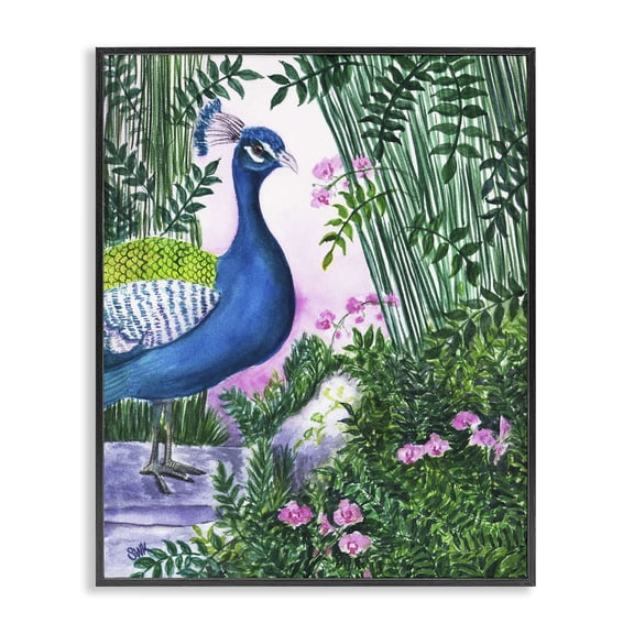 Stupell Industries Peacock in Pink Landscape & Nature Painting Black Framed Art Print Wall Art, 11 x 14