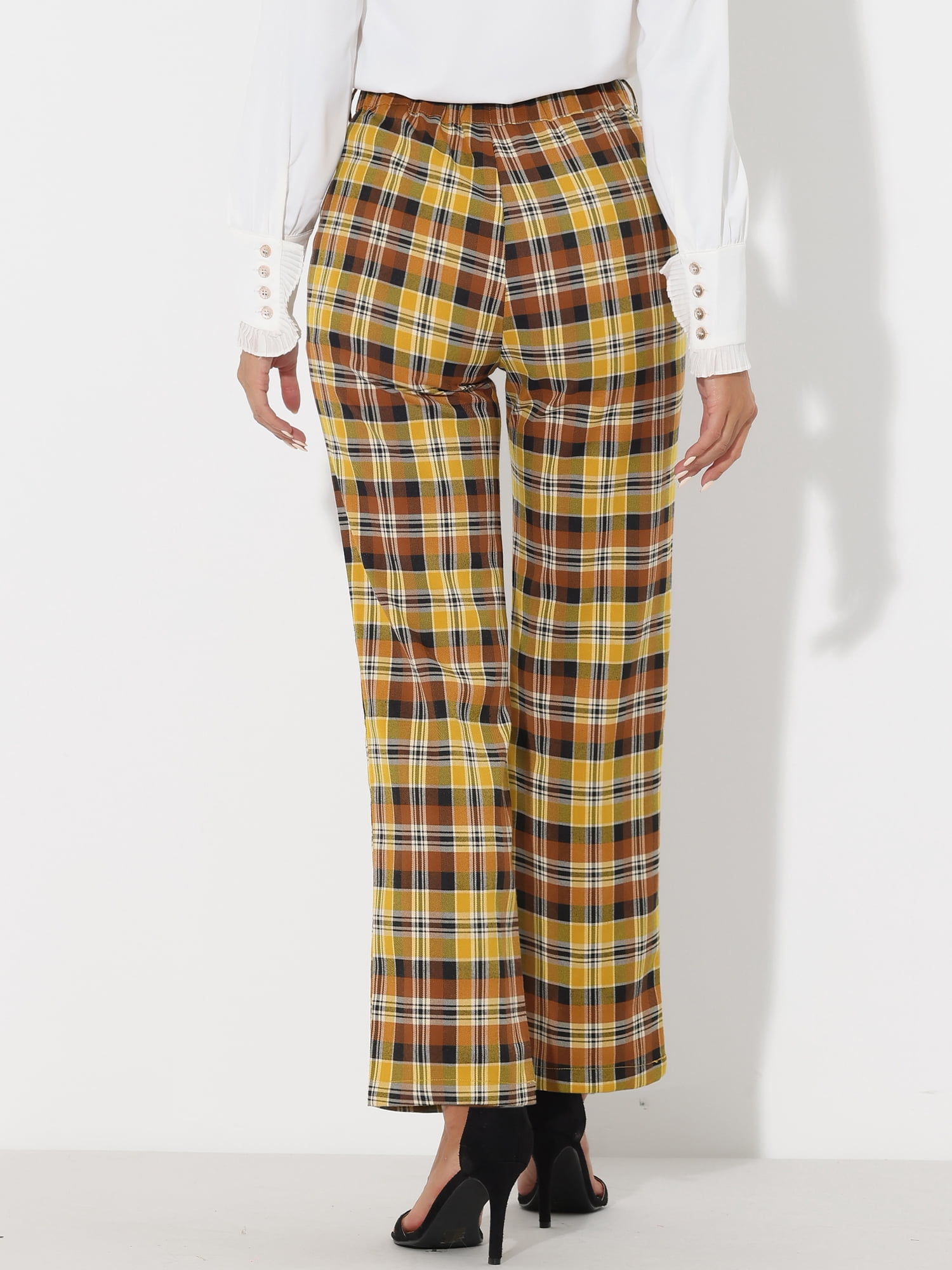 DARING DIVA Women's Plaid Trousers Pockets Straight Leg Casual Pant M Yellow