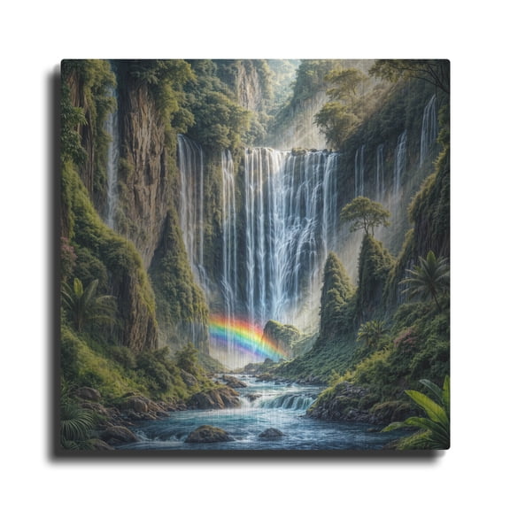 Luxe Metal Art 'Majestic Waterfall With Rainbow' by Rey Klimt Metal Wall Art, 12" x 12"