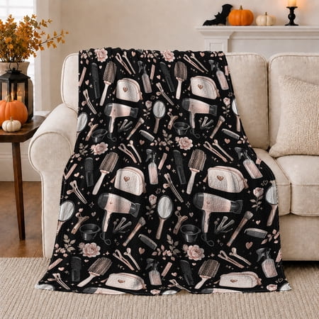 Rose Gold Hair Stylist Tools on Black Background in Chic Salon Pattern Style for Hairstylists, Beauty Tools Scene, Cozy Flannel Blanket for Bedroom and Office, Birthday Gift, Glam Home Decor