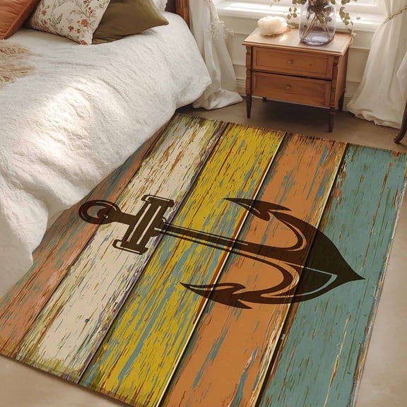 Area Rug for Living Room, Nautical Anchor Non-Slip Indoor Large Carpet for Bedroom/Dining Room, Farmhouse Vintage Old Wooden Grain Washable Low-Profile Rectangle Floor Runner Rugs - 4 x 6 Ft
