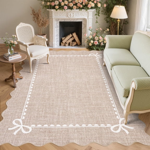 8x10 Solid Camel Scalloped Washable Decorative Area Rug