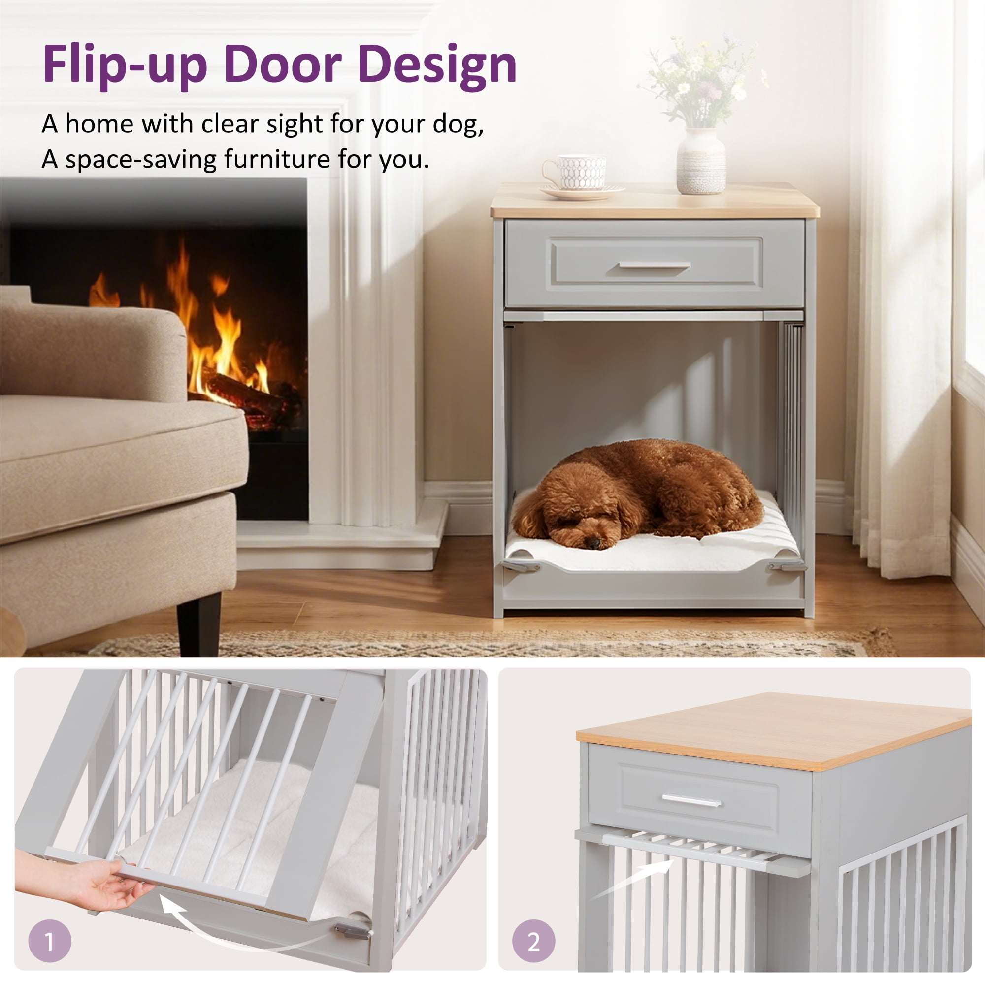 Whifea Farmhouse Wooden Dog Crate Furniture with Flip Up Door & Storage Drawer, 26''H×20''W×24''D, Indoor Pet Kennel for Medium Dogs, Gray