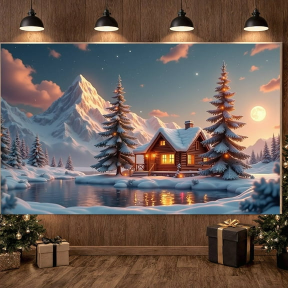 Snowy Theme Christmas Banner Christmas Tree Decor Winter Display Full Moon Design Mountain View Snowy Backdrop for Christmas Party Winter Holiday Home Decoration