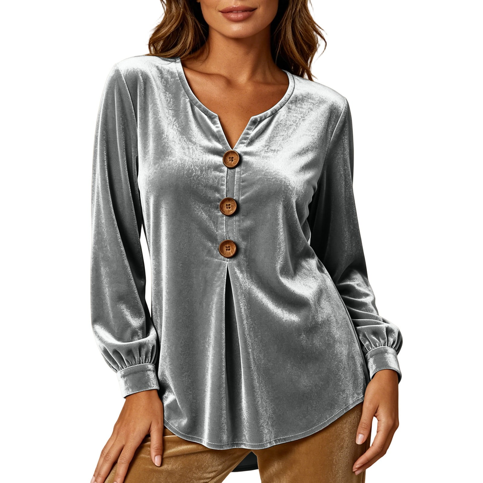 Womens Tops Women s Retro Velvet Dressy Tops Long Sleeve V Neck Button Decor Elegant Blouses Fall Work Office Outfits Ladies Cocktail Evening Party Casual Shirts