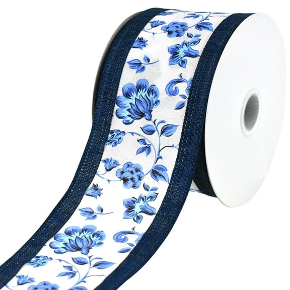 Toile Pattern Faux Linen Edge Wired Ribbon, 2-1/2-inch, 10-yard, Navy