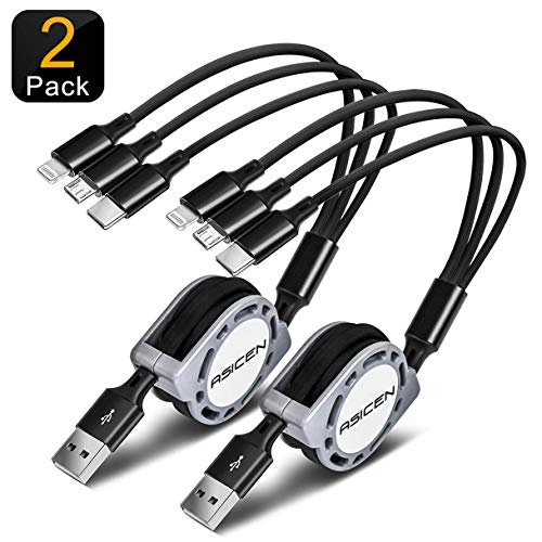 2-Pack ASICEN 3-in-1 3A Retractable Fast Charging Cable, Multi Charger Cord 4Ft/1.2M USB Charge Cord with Phone/USB-C/Micro USB Connector for Phone/Samsung Galaxy, Huawei, LG, Android Smartphones