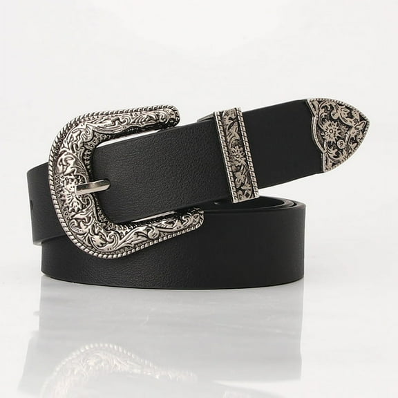 Women Leather Belts Ladies Vintage Western Design Black Waist Belt for Pants Jeans Dresses