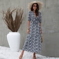 thumbnail image 3 of Vestido Estampado Con Cuello En V Y Mangas Abullonadas, Botón Oculto, Abertura Lateral De Una Pieza, Nudo Floral, Vestido Delantero, Cintura Alta, Elegante Para Vacaciones, OTVIAP Negro L, 3 of 6