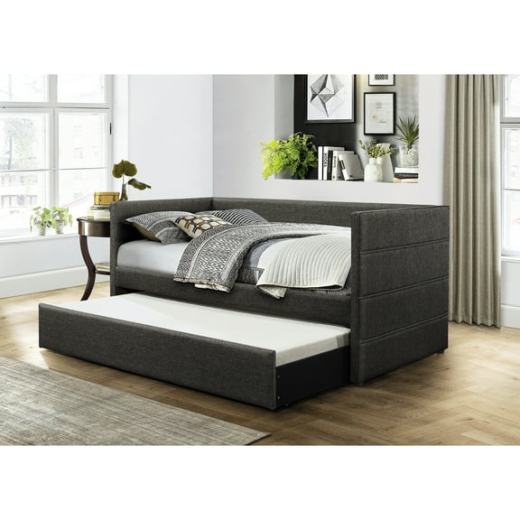 Daybed With Trundle In Dark Gray Fabric - Stable Wood Furniture Upholstery,