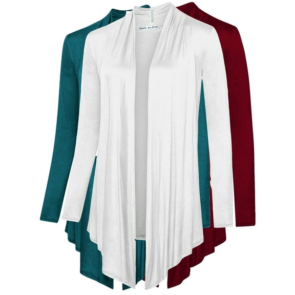 Free to Live 3 Pack Women's Long Sleeve Cardigans - Open Front Drape Lightweight Knit Sweater