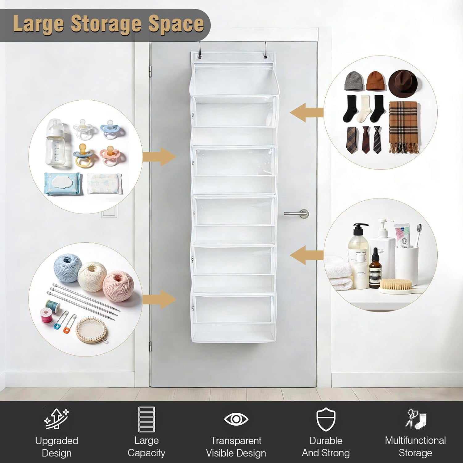 Hanging Yarn Storage Organizer, Large Capacity Knitting Organizer Storage with 6 Zipper Closure Compartments, Over the Door Hanging Yarn Holder for Knitting Needles, Crochet Hooks (Clear White)