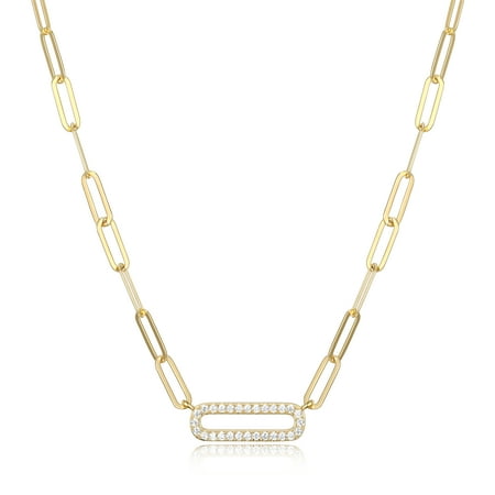Forever Facets 18K Yellow Gold Plated 925 Sterling Silver Cubic Zirconia Lined Oval Link Paper Clip Necklace Gift for Her, 18" + 2" Extension