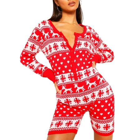 

Liacowi Christmas Pajamas for Women Long Sleeve Bodycon Romper Slim Fit Short Jumpsuit One Piece Playsuits Bodysuits