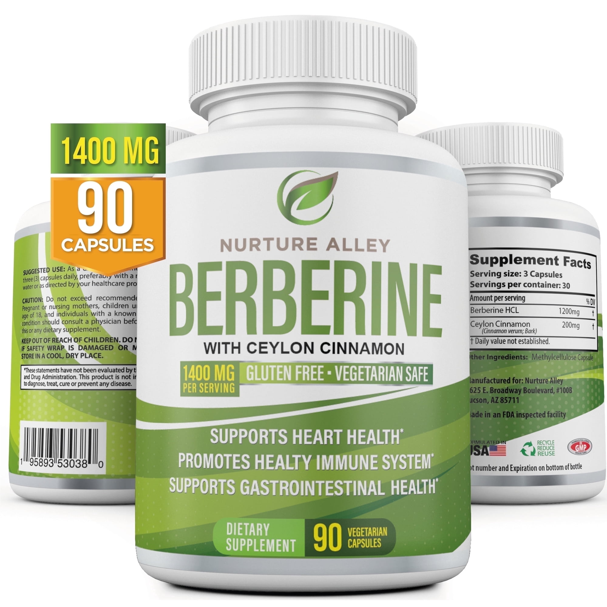 Nurture Alley Berberine HCl 1400mg with Ceylon Cinnamon Capsules, 90 Count