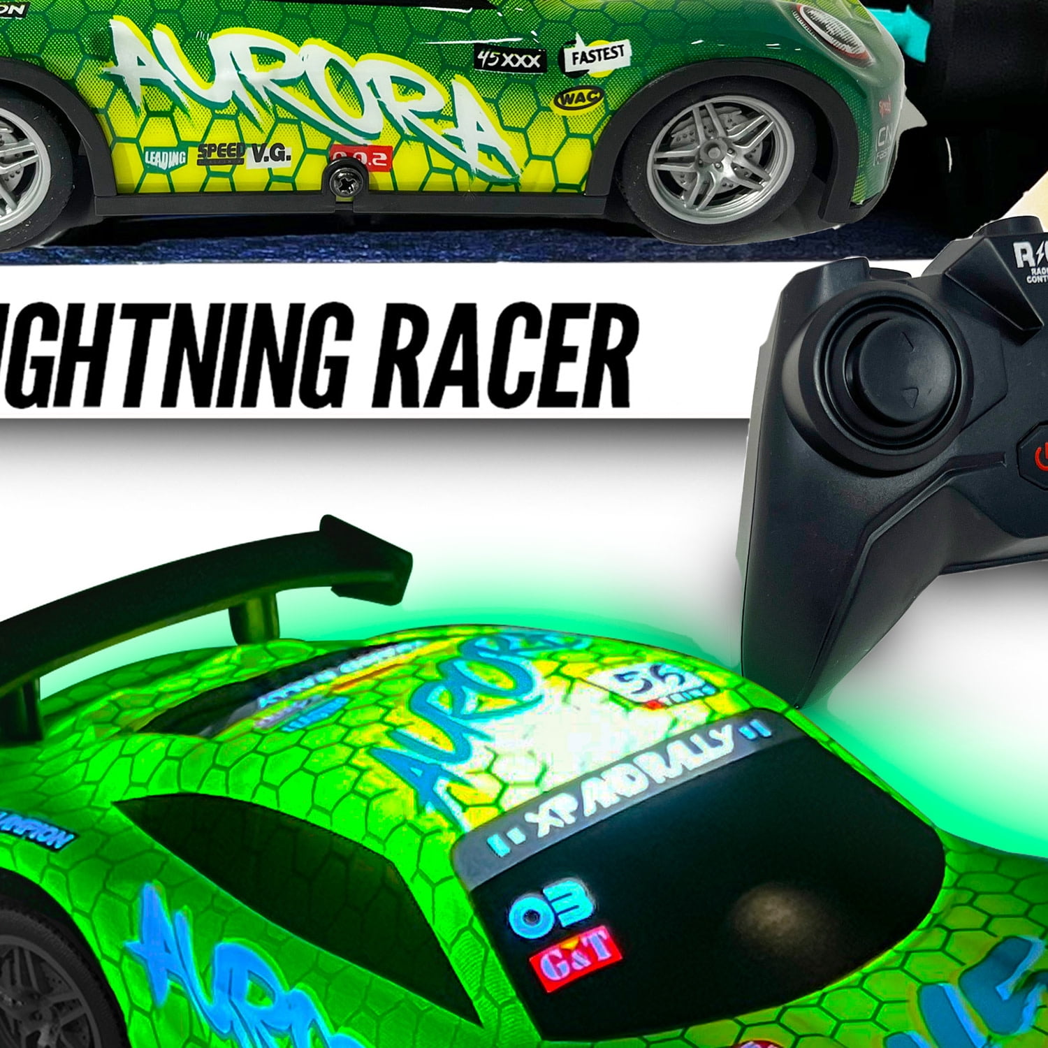 Hyper Drive: RC Lightning Racer - Green & Yellow - Light-Up Remote Control Car, High-Speed Play Vehicle, LED Lights, 2.4 GHz, 1:40 Scale, Kids 5+