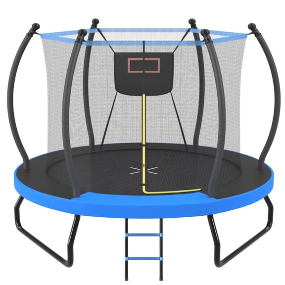10FT Kids Trampoline with Basketball Hoop Enclosure Net and Ladder Outdoor Backyard Play Equipment