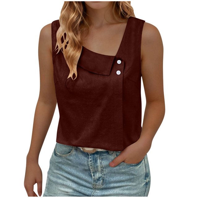 Timegard Tank Tops for Women V-Neck Button Sleeveless Lightweight Solid Color Tops Casual Loose Blouse