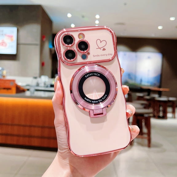 Compatible with iPhone 14 Magnetic Case, Luxury Love Heart Pattern Plating Magsafe Ring Kickstand Case Compatible with MagSafe for Women Girls Shockproof Protective Back Cover - Rosegold