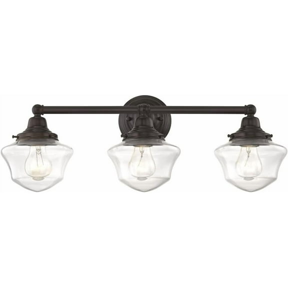 Clear Glass Schoolhouse Bathroom Light Bronze 3 Light 23.125 Inch Length