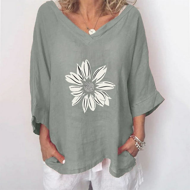 Hauts Grande Taille pour Femmes T-shirt Imprimé Mode Coton Chanvre Manches 3/4 Blouse Col Rond Hauts Décontractés Hauts Sexy pour Femmes en Solde