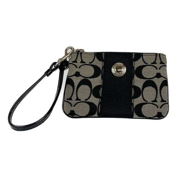 Pre-Owned COACH Signature Black Silver Canvas Accessory Pouch Wristlet for Women