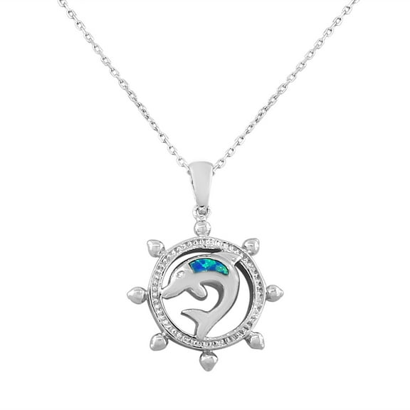 925 Sterling Silver Blue Turquoise-Tone Simulated Opal Helm Wheel Dolphin Marine Pendant Necklace