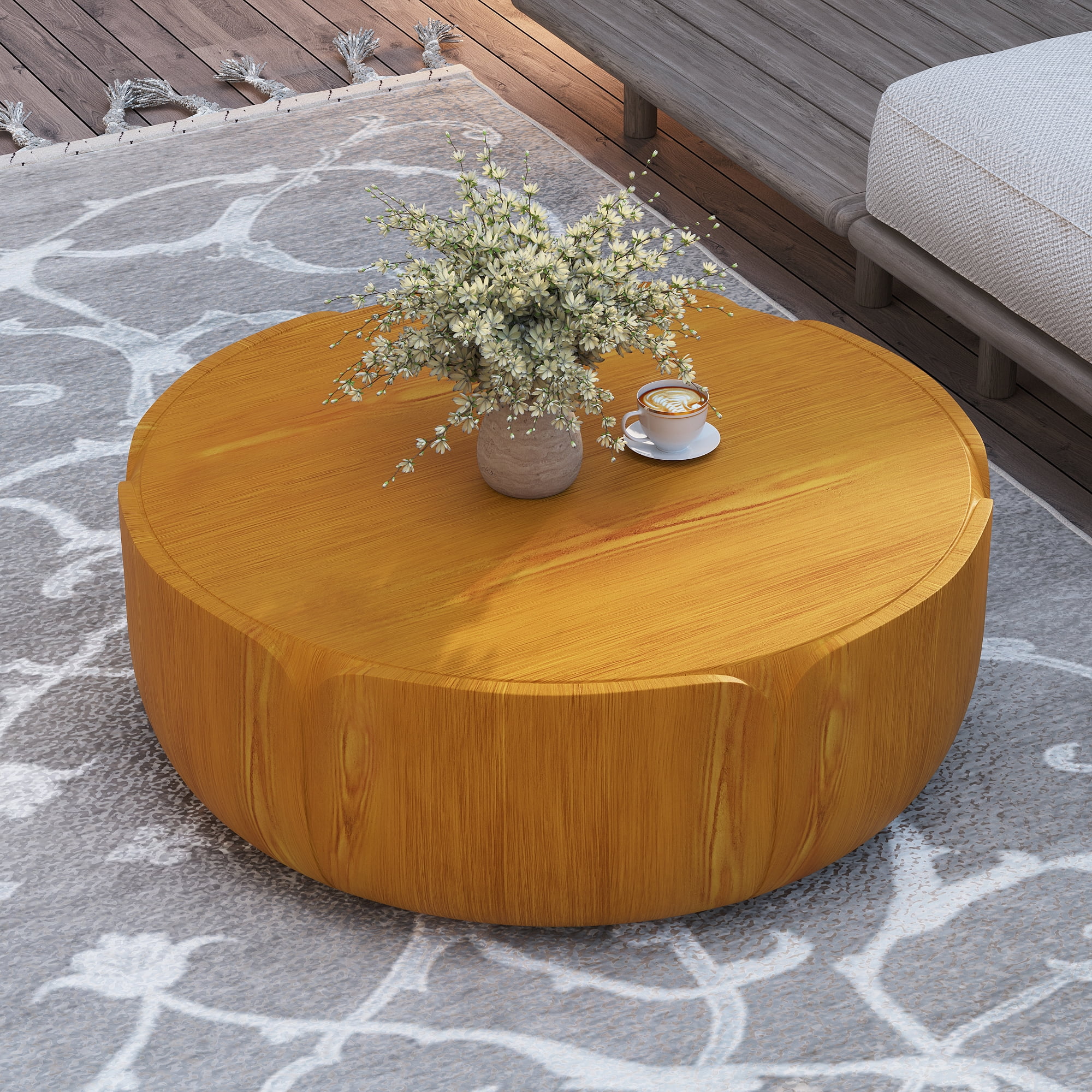 Round Outdoor Center Coffee Table, Drum Shaped Wood Grain Leisure Table for Patio Living Space, Natural
