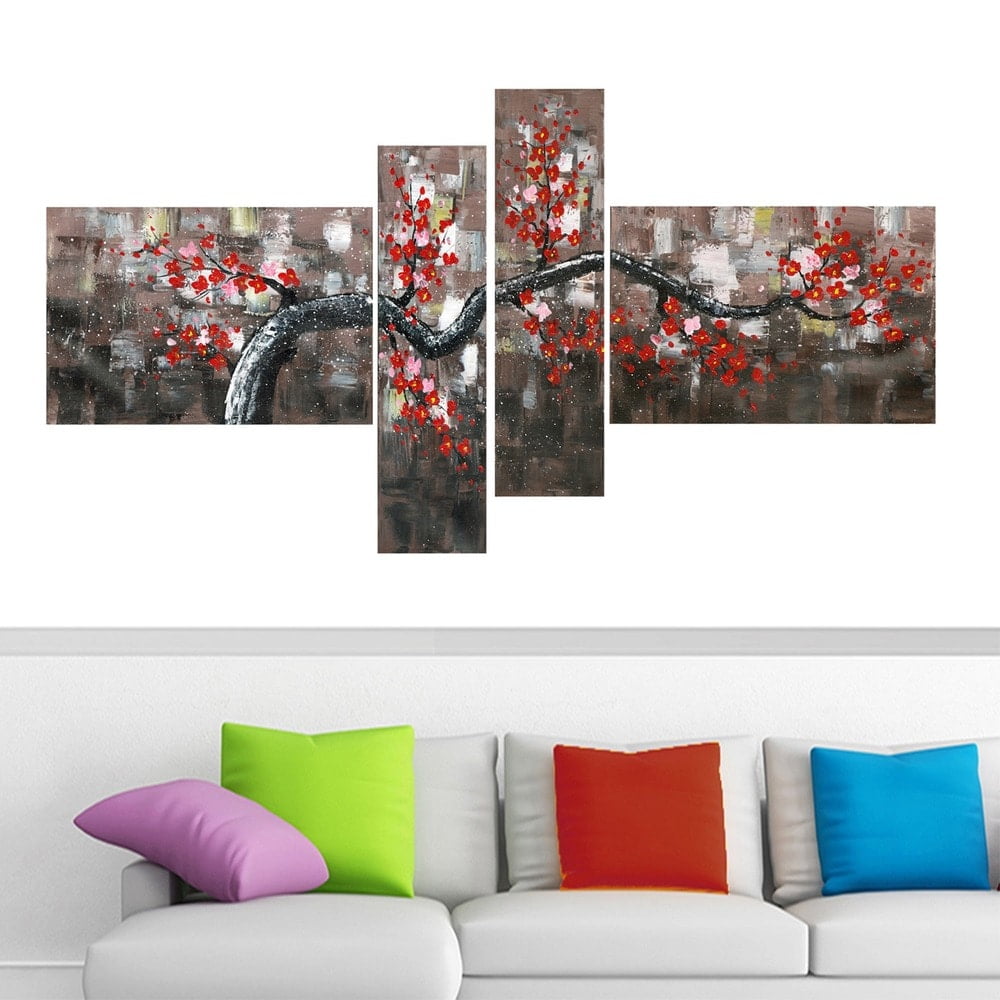 DESIGN ART Oversized "Floral" 4-panel Gallery-wrapped Canvas Print Orange