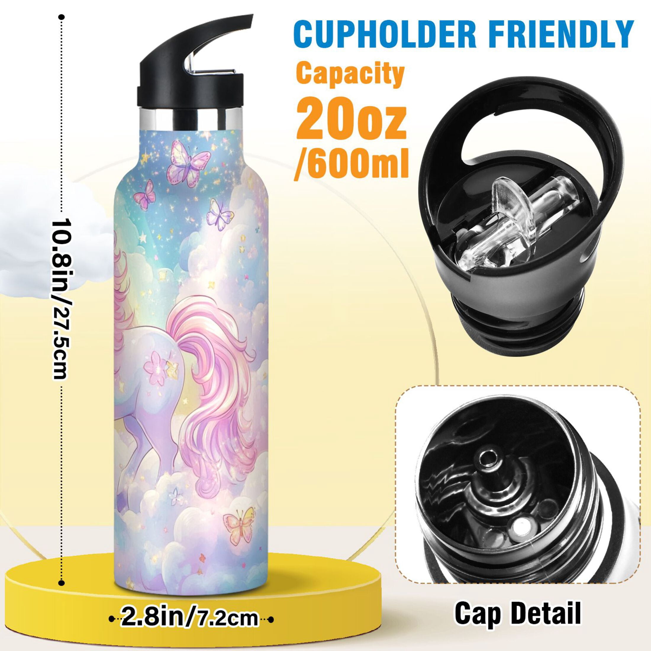 Kids Insulated Stainless Steel Sports Water Bottle 600ml (20oz) Rainbow Colors Unicorn