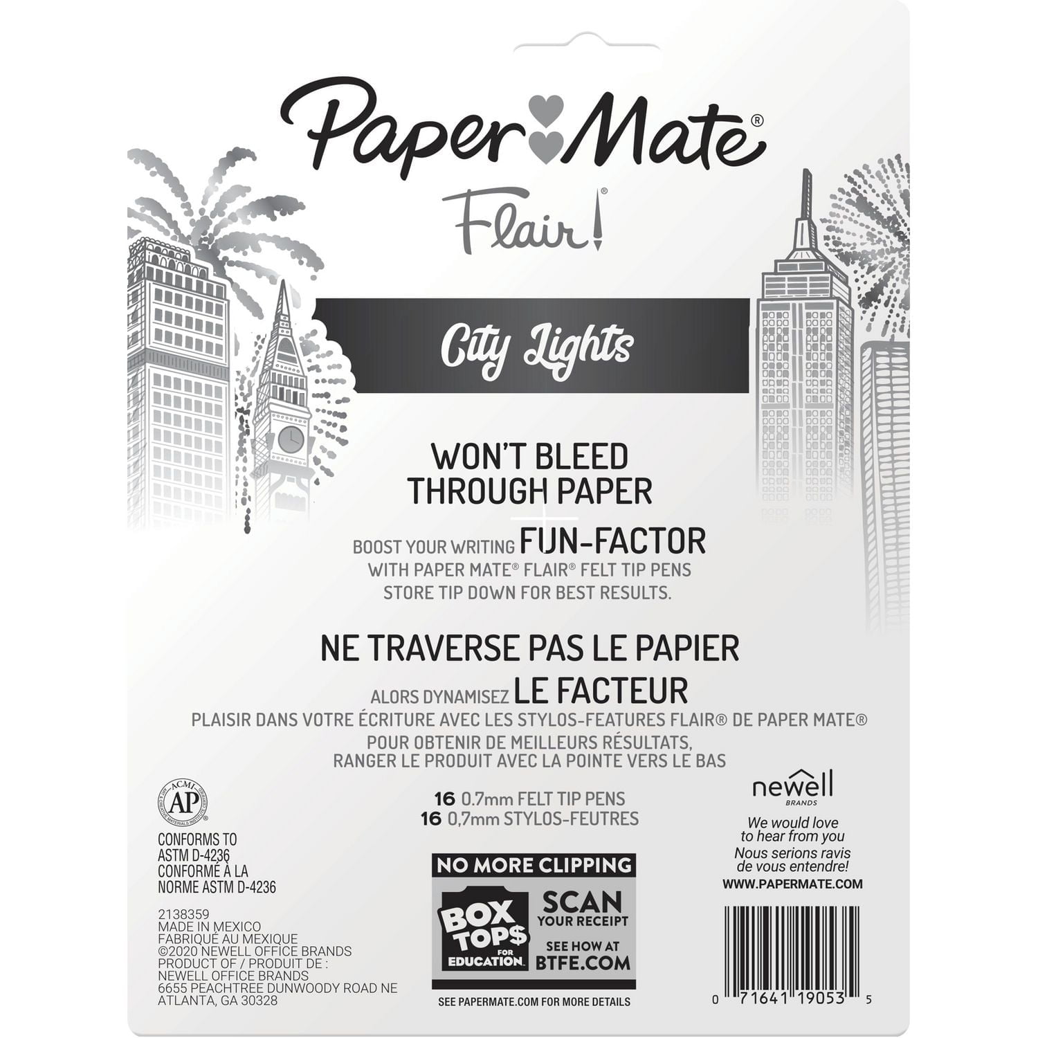 Stylos Paper Mate Flair, stylos-feutres à pointes métalliques, lumières de la ville, encre scintillante brille sur papier blanc, couleurs assorties, 16 unités