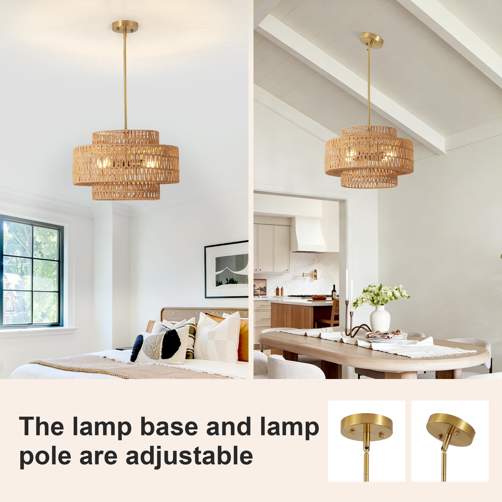 Leumius 17.7" Boho Rattan Chandelier, 4-Light Hand Woven Wicker Pendant Light Fixture, Farmhouse Rustic Hanging Chandelier for Dining Room, Kitchen Island, Living, Bedroom