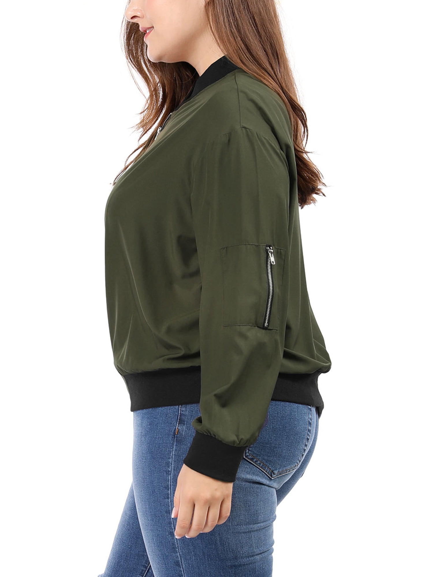 Unique Bargains Women's Plus Size Zipper Trim Outerwear Bomber Jacket