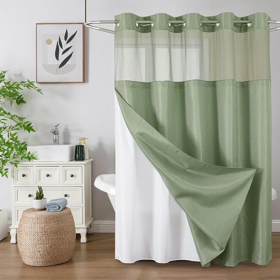 No Hook Shower Curtain with Snap in Fabric Liner, Waffle Weave Heavy Duty Thick Shower Curtains with Mesh Top Window, Hotel Style Waterproof Bathroom Curtain Set, 72'' x 81'', Sage Green