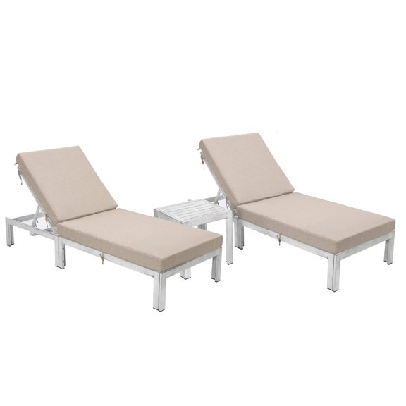LeisureMod Chelsea Modern Weathered Grey Aluminum Outdoor Chaise Lounge Chair Set of 2 With Side Table & Beige Cushions
