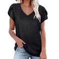 thumbnail image 3 of Camiseta de manga corta con pétalos para mujer, camiseta informal con cuello en V y agujeros ahuecados para uso en verano, color negro S, 3 of 5